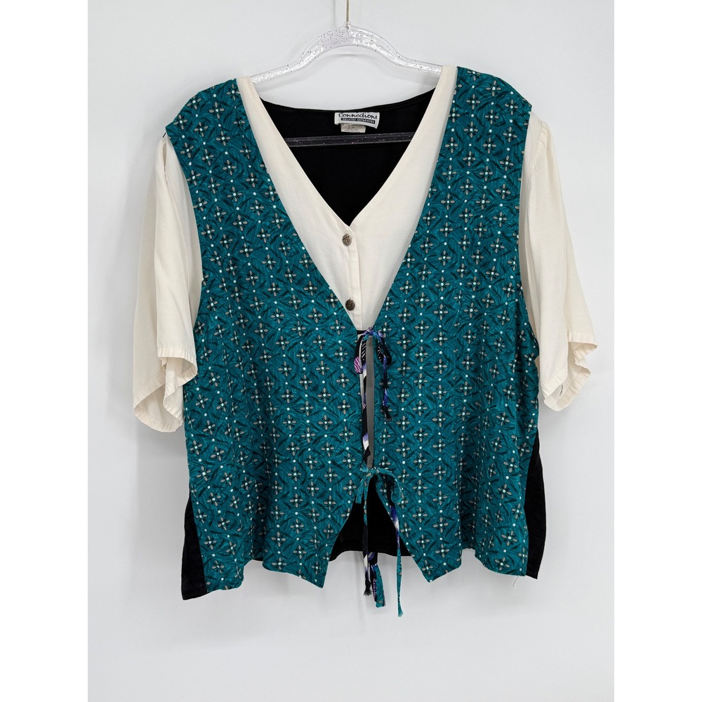 Connections Related Separates Vintage Teal Floral Layered Vest Top Sz 22W Plus
